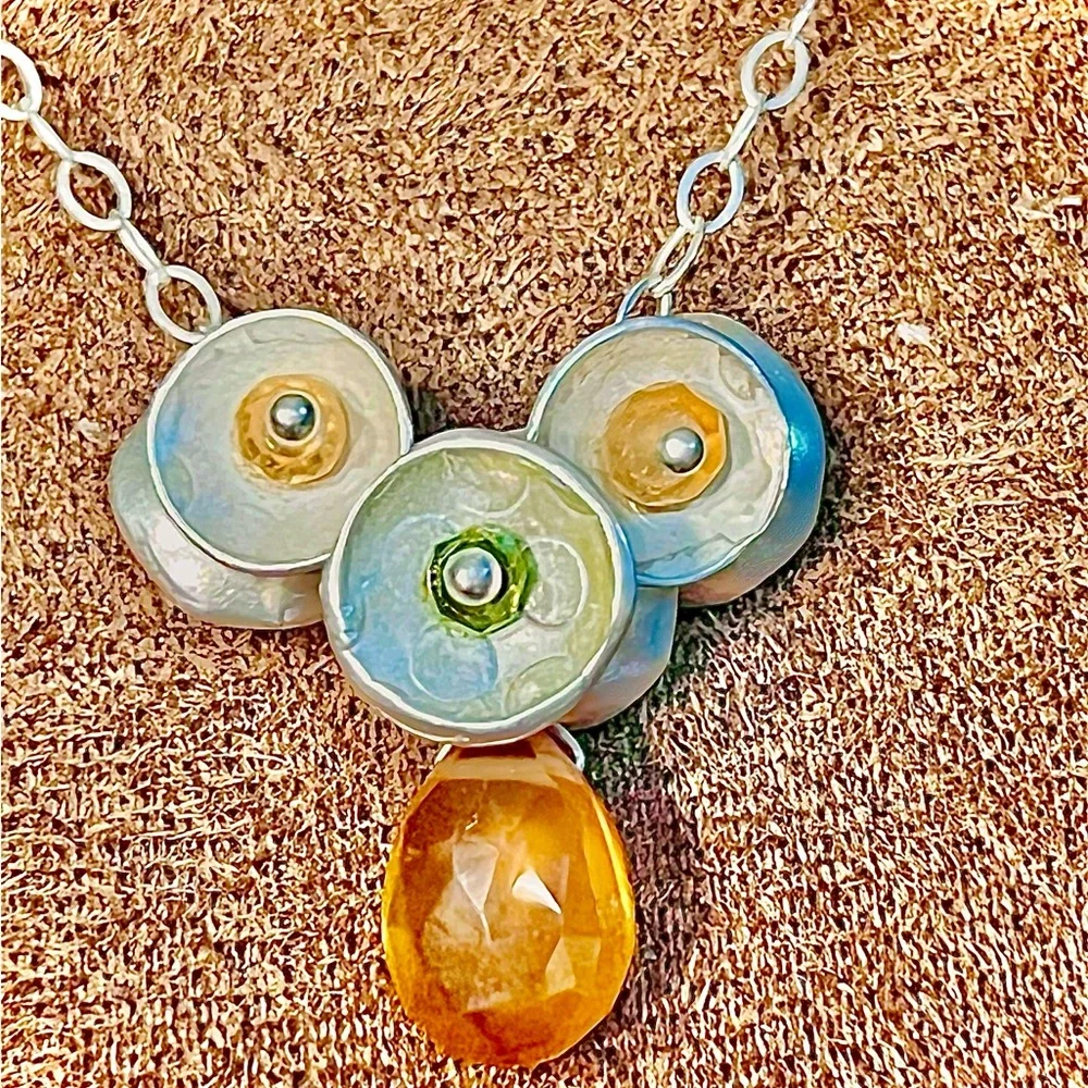 Sterling Silver Multicolor Pendant Necklace with Amber Teardrop - Picture 4 of 8